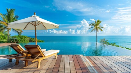 Relaxing by the pool during summer vacation, with a veranda equipped with deck chairs and an umbrella, all overlooking the ocean