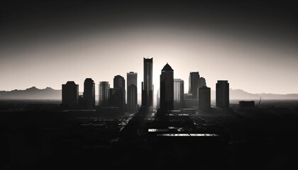 Monochrome cityscape with stark skyscraper silhouettes against a hazy sky, an ode to the quiet strength and poetry of urban design