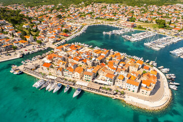 Aerial view of the old town of Tribunj on small island in Adriatic sea, Croatia - 798310019