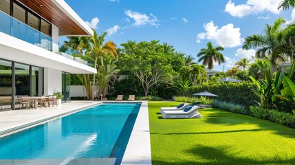 The elegant backyard of a modern house located in Miami Beach's Nautilus neighborhood, featuring a swimming pool, well-maintained grass, trees, and tropical plants against a blue sky