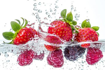 fresh garden berries in water splashes strawberry and raspberry isolated food photography 7