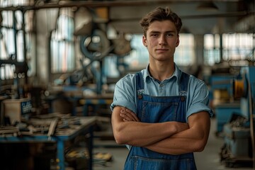 A man in a blue apron stands in a factory with his arms crossed. He looks confident and proud