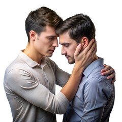Intimate moment between two men against transparent background