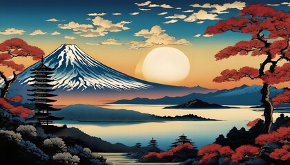 富士山っぽい景色の浮世絵風壁紙