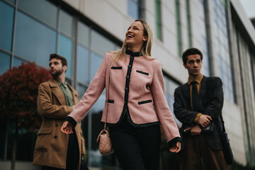 Group of business colleagues in smart attire walking confidently at an outdoor urban setting