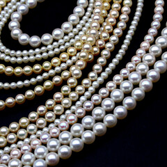 Expensive and luxurious Japanese saltwater Akoya pearls on strands of white, pink and golden organic gems ready to be made into necklaces and sold in jewelry store.