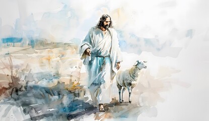 Jesus and Lamb Watercolor Art - obrazy, fototapety, plakaty