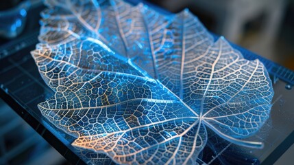 Leaf printed by 3d printer, Visual Novel, Macro View, Ultra-Wide Angle, Overdimensional, 16k, Glowing, 32k, intricate design