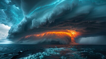 A stormy ocean with a huge wave and a bright orange sun in the sky. The sky is filled with dark clouds and the ocean is rough