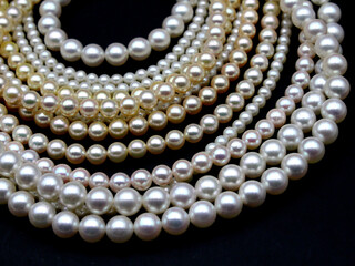 Expensive and luxurious Japanese saltwater Akoya pearls on strands of white, pink and golden organic gems ready to be made into necklaces and sold in jewelry store.