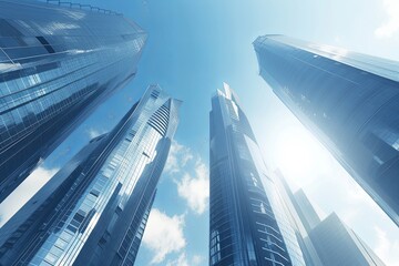 Sleek Skyscrapers: Futuristic Cityscape Under Blue Sky