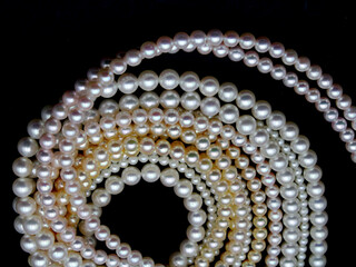 Expensive and luxurious Japanese saltwater Akoya pearls on strands of white, pink and golden organic gems ready to be made into necklaces and sold in jewelry store.