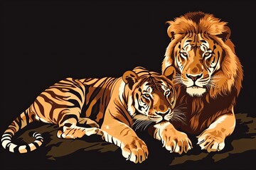 Fototapeta premium Regal Feline Predators: Majestic Lions and Tigers in Striking Vector Art