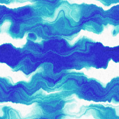 Wavy tie Dye stripe with linen effect seamless texture. Masculine blue white striped print background. 