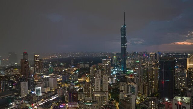 sunset sky illumination kuala lumpur city downtown modern skyscraper tower traffic aerial panorama 4k timelapse malaysia