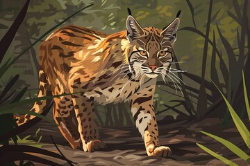Wildcat's Dynamic Elegance: Vector Illustration of Predatory Prowess