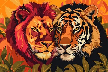 Predatory Felines in Vector Art: Lion and Tiger Illustration of Strength, Grace, and Sovereignty