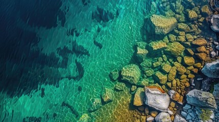 Nature Photography, From the sky looking down 10 feet from above the water, Shallow calm clear water over rocky lake bed