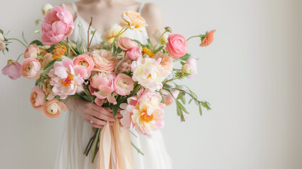 Luxurious wedding bouquet of ranunculus, peonies, chrysanthemums and roses in the hands of a bride in a wedding dress