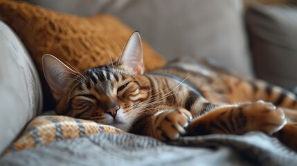 Bengal cat lying on sofa and smiling