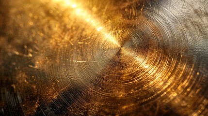 A close up of a gold object with a shiny, reflective surface. The object appears to be a piece of metal, possibly a coin or a piece of jewelry. The image has a warm