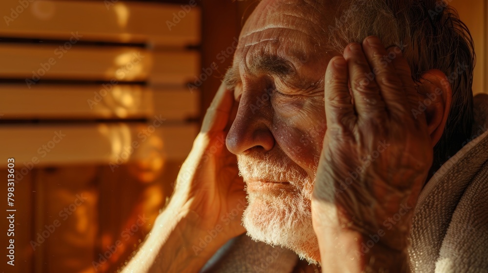 Poster an older person using a towel to wipe away the sweat from their face while inside the sauna enjoying