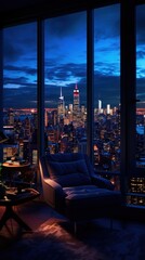New york Apartment in blue night lighting city architecture.