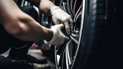 A man is working on a car tire, wearing gloves - obrazy, fototapety, plakaty