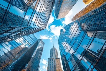 Fototapeta premium Blue Sky Reflections: Urban Skylines of Glass and Steel