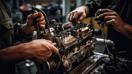Two mechanics are working on a car engine