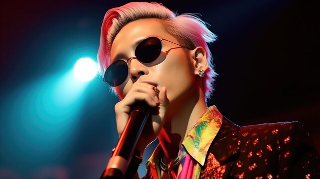 A man with a microphone is singing in front of a blue light