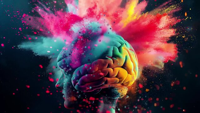 Human brain explodes with splashes of colorful particles. Represents creativity, innovation, imagination, and ideas for art and knowledge