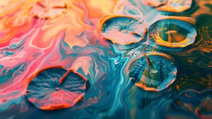 Abstract multi-colored paint background with water lily stylization. Acrylic texture with brush...