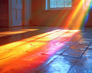 Sunlight Casting Rainbow Colors on Wooden Floor