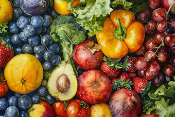 Watercolor Assortment of Fresh Fruits and Vegetables