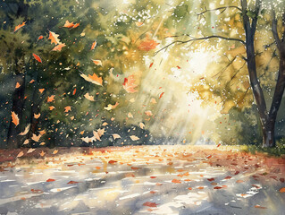 Autumn Leaves Falling on a Sunlit Path Watercolor
