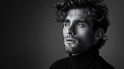 Black and white fashion art studio portrait of beautiful elegant man in black turtleneck, Hair is collected in high beam, Elegant ballet style
