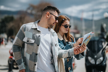 A young man and woman wearing sunglasses stand outside perusing a map on a sunny day, likely...