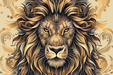 Royal Power: Detailed Fur Lion Head Vector Illustration - Tattoo Art Style