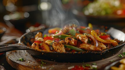 A tantalizing shot showcasing sizzling chicken fajitas served on a rustic cast iron pan