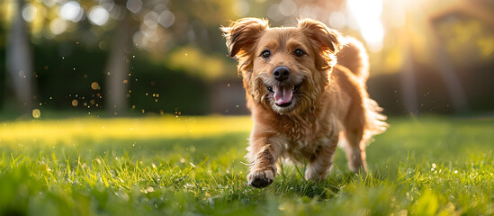 Happy pet dog playing on green grass lawn in full length portrait on a summer day.