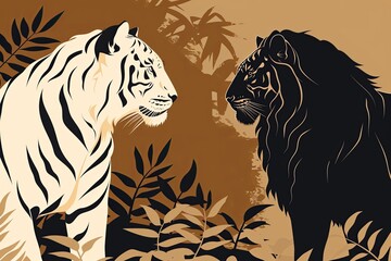 Regal Feline Predators: Vector Silhouette Artistry of Lions and Tigers