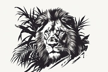 Feline Force: Wildlife Inspired Lion Logo in Black and White Vector Art with Nature Elements