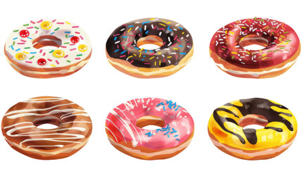 A collection of assorted sweet doughnuts with various toppings on a transparent background.