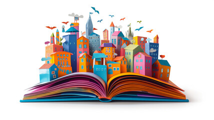 Pop-up book with colorful paper buildings and flying birds, representing a vibrant city.