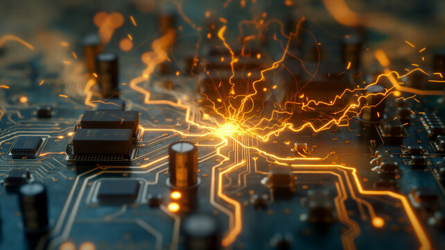 Circuit board with electrical energy surge and sparks, representing technology failure.