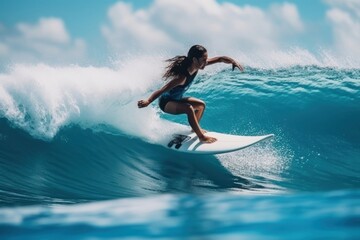 Asian woman surfer surfing sea recreation surfboard. - obrazy, fototapety, plakaty