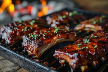Barbecued ribs with barbecue sauce on grill pan, closeup. BBQ with Copy Space. 