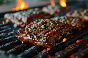 Grilled pork ribs on barbecue grill with flames in the background. BBQ with Copy Space. 
