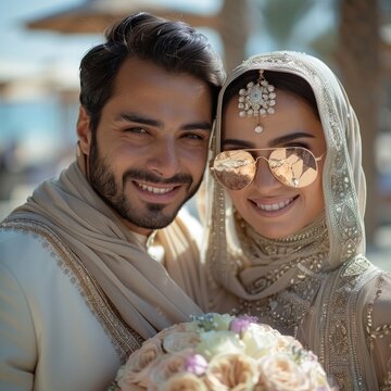A Muslim couple wedding on the beach wearing a hijab wearing strong Islamic culture, taking photos accompanied by a bouquet and beautiful flower background.